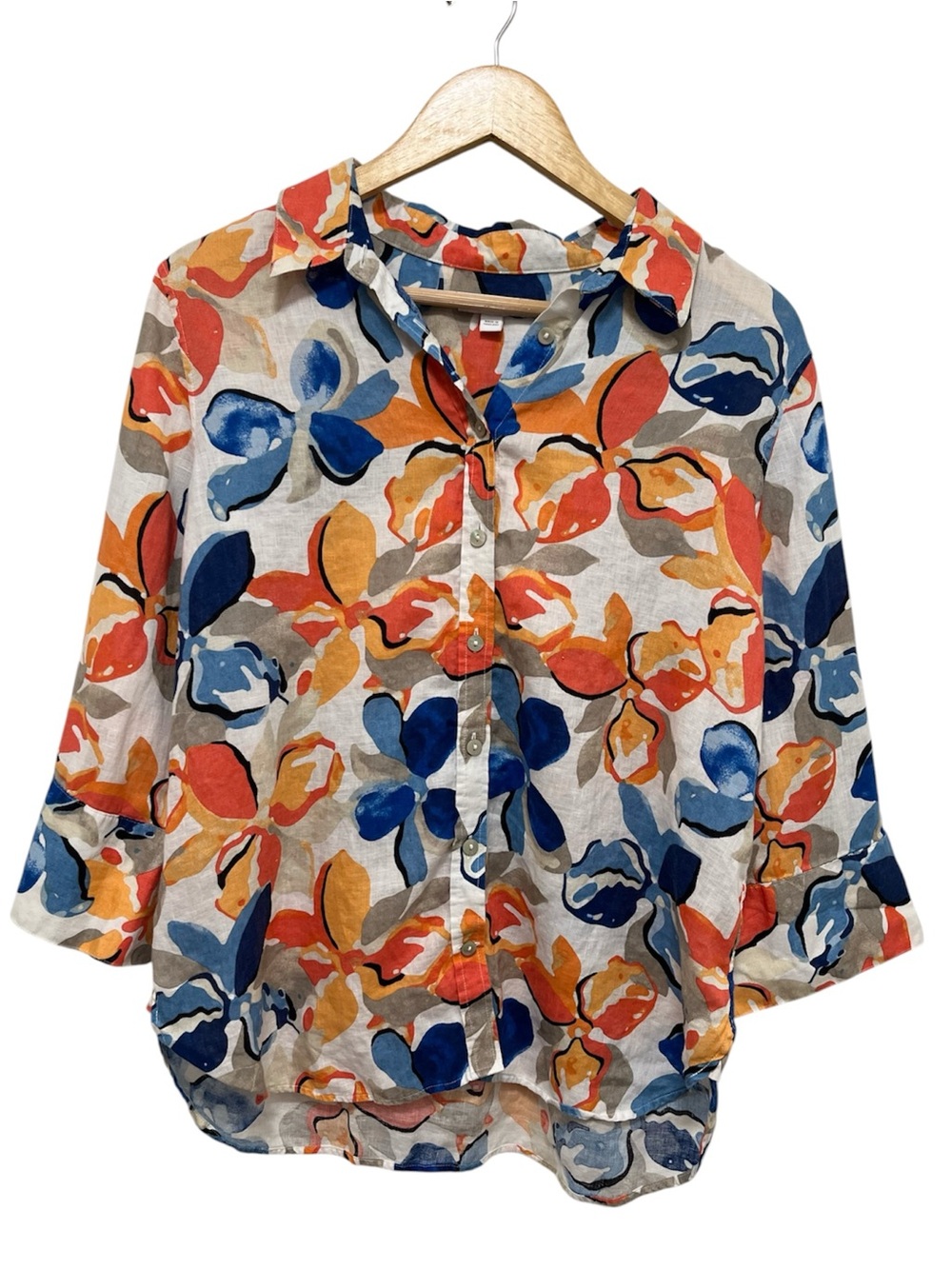 Chicos 100% Linen Watercolor Floral Button Up Shirt 3/4 Sleeve Size US 10